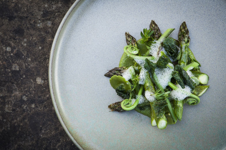 Wye Valley asparagus with hogweed, maritime pine, hedgerow clippings and mead