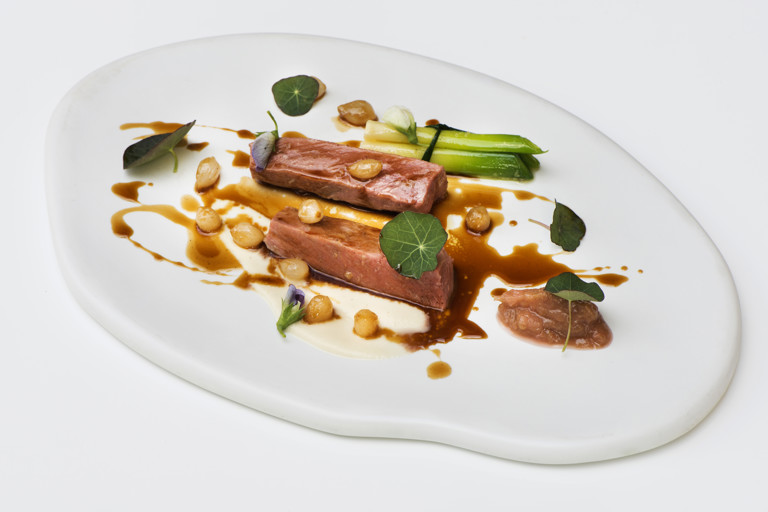 Lamb loin with caramelised onions and rhubarb compote