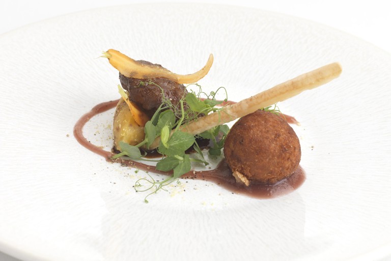 Pork cheek with crispy ham hock bon bon, crushed swede and mustard apple compote