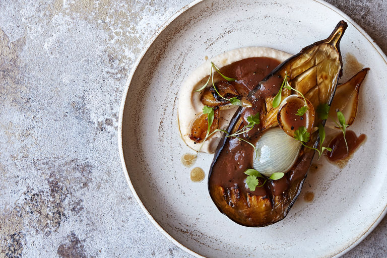 Slow-cooked aubergines, tamarind, roasted onion, white bean purée