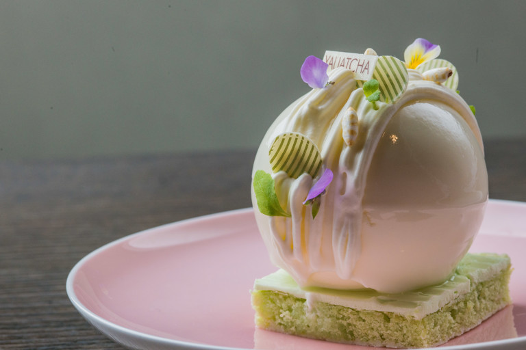 Sheep’s yoghurt mousse and pandan sponge with caramelised puffed rice