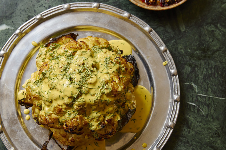 Roast cauliflower, saffron tahini and cranberry-chilli oil