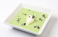 Chilled pea velouté with fennel sorbet and poached apricots
