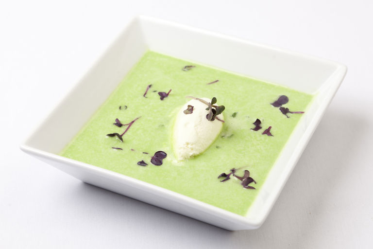 Chilled pea velouté with fennel sorbet and poached apricots