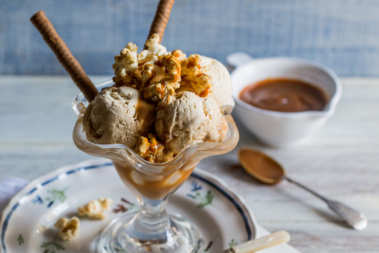 Salted caramel sundae with butterscotch popcorn