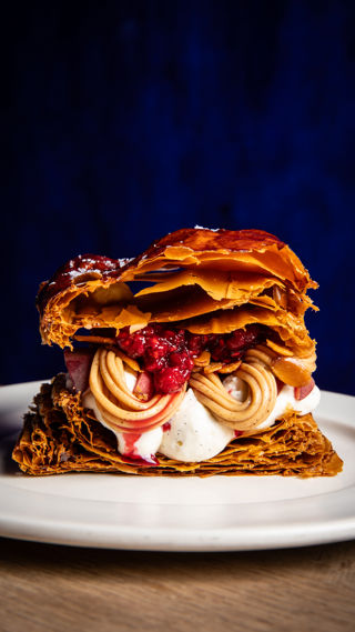 Raspberry and peach Melba mille-feuille with almond crème pâtissière and crème fraîche mousse recipe reel