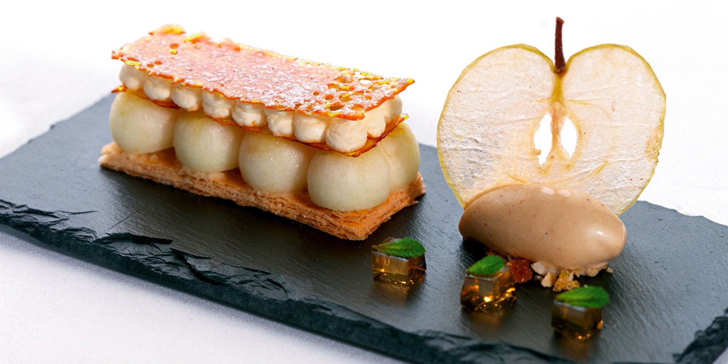 image of Galette of Cox’s Apple and Mint Opaline, Black Butter Ice Cream recipe by Great British Chefs