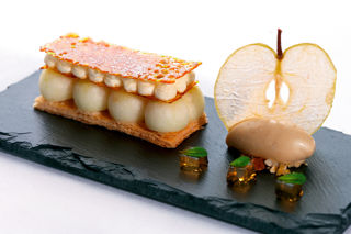 Galette of Cox’s apple and mint opaline, black butter ice cream