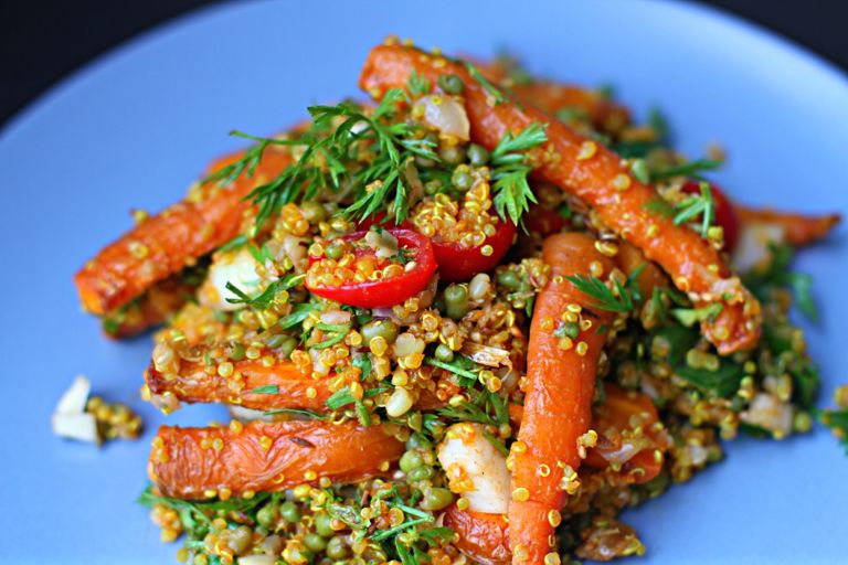 Roasted Carrot, Mung Bean, Quinoa and Tomato Salad 