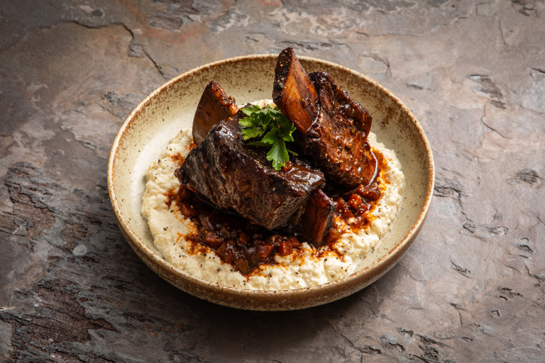 Marmite-braised short ribs with celeriac purée