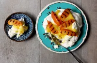 Meringue with yuzu curd and griddled persimmon
