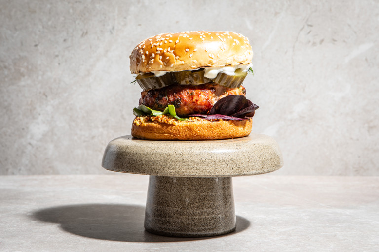 Pork burgers with fermented cucumber, mustard and dill