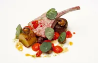 Best end and shoulder of salt marsh lamb, red pepper, pineapple, mint oil and cobnuts