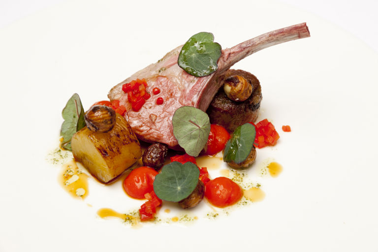 Best end and shoulder of salt marsh lamb, red pepper, pineapple, mint oil and cobnuts