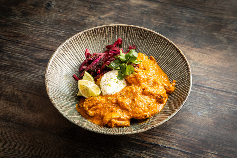 Charred pumpkin and chicken makhani with beetroot salad