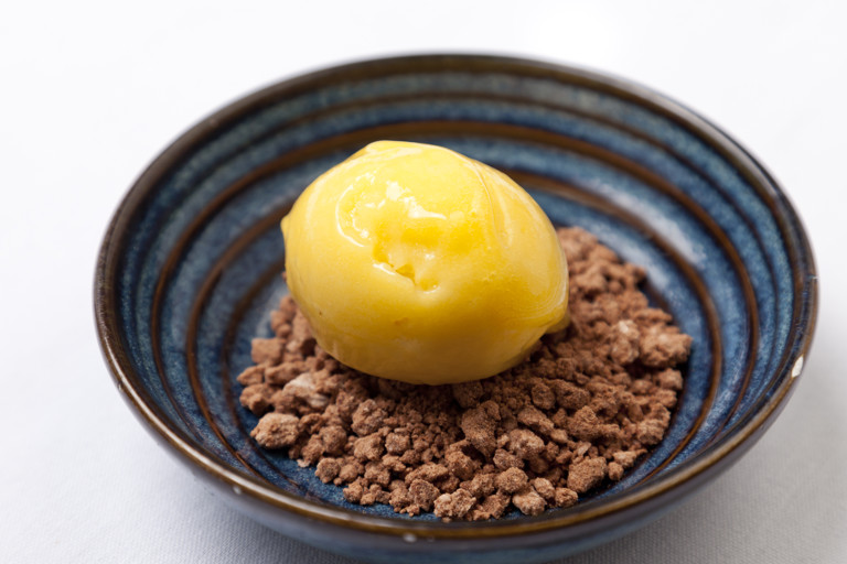 Mango sorbet with marinated paw paw