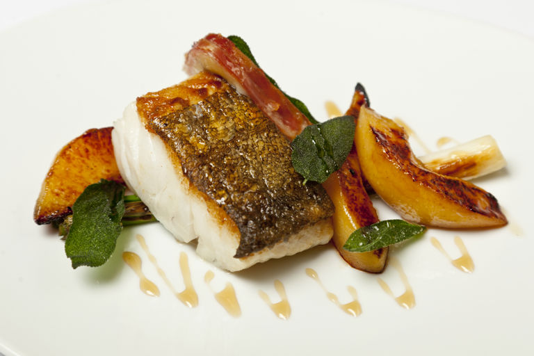 Roast cod with morcilla, quince and calçots 