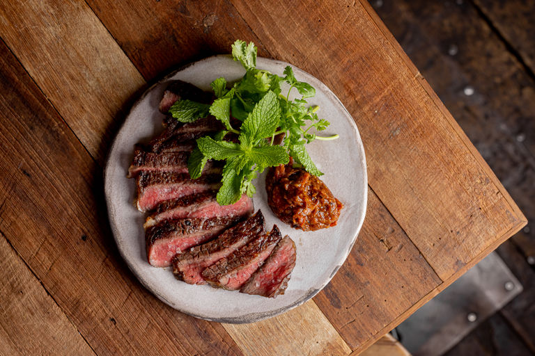 Aged beef sirloin with grilled chilli relish 