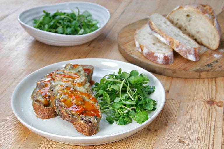 Mushroom and Stilton rarebit with sweet chilli