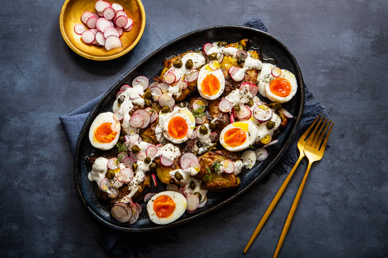 Smashed potato salad with radishes and creamy dill dressing