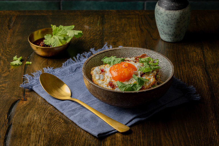 Ultimate fried egg with rice, sesame and chilli oil