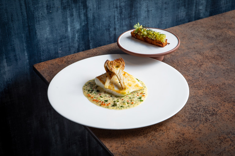 Roasted Norwegian halibut, violet artichoke and smoked pike roe beurre blanc