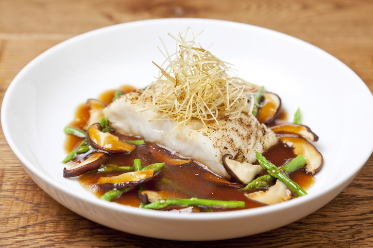 Spice-crusted Alaska black cod, onion sauce, shiitake and asparagus