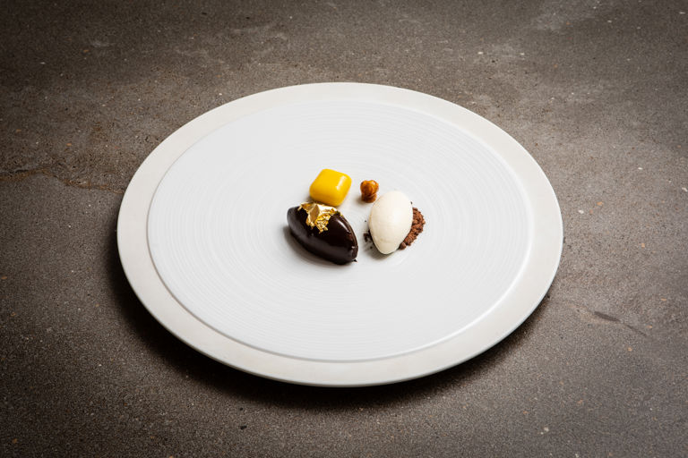 Chocolate delice, namelaka, butternut squash and milk sorbet