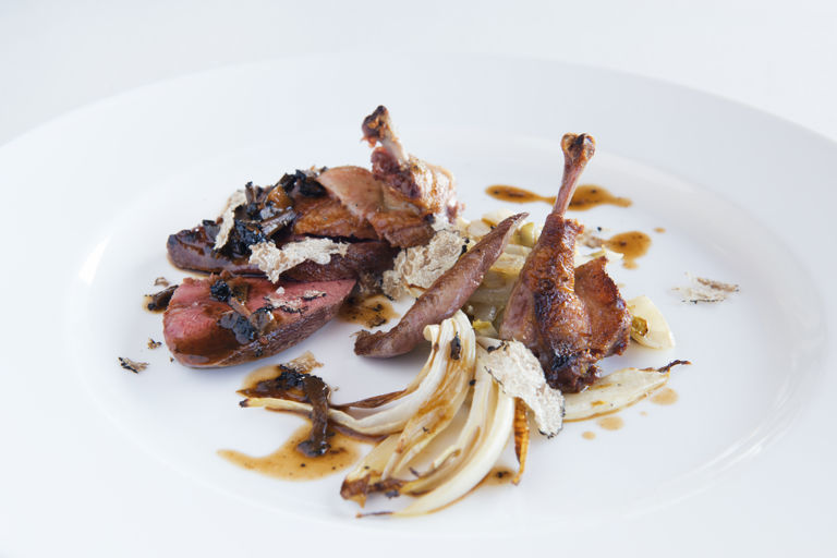 Pigeon with star anise, endive and black truffle