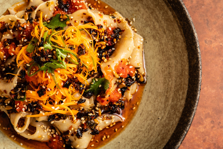 Smoked garlic biang biang noodles with fermented lemon salsa