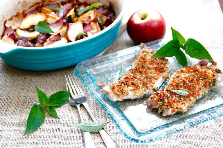 Blue cheese crusted pork escalopes with pineapple sage, roasted beetroot and apple