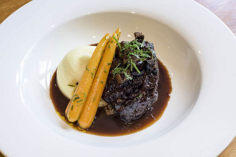 Braised Beef cheek with anchovy, pickled walnuts and mash