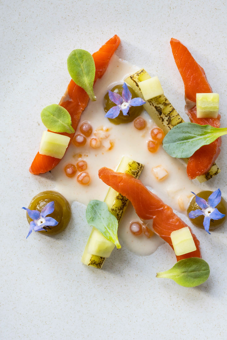 Cured Sockeye Salmon with Blackened Cucumber, Cucumber Ketchup