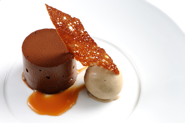 Dark chocolate delice with coffee ice cream
