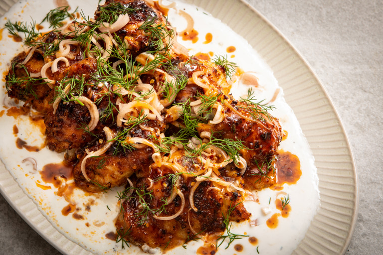 Crispy chicken thighs with hot honey mustard