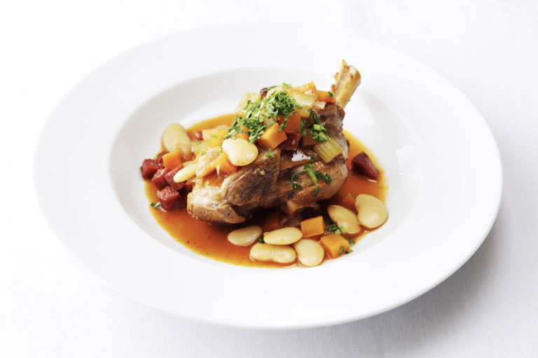 Shoulder shanks of Welsh Lamb with braised chorizo and butter beans