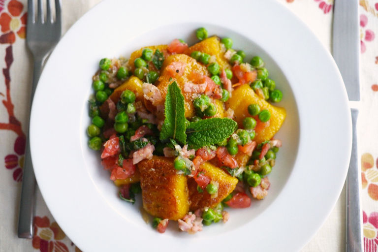 Gluten Free Golden Beetroot Gnocchi with Pea, Bacon, Tomato & Mint