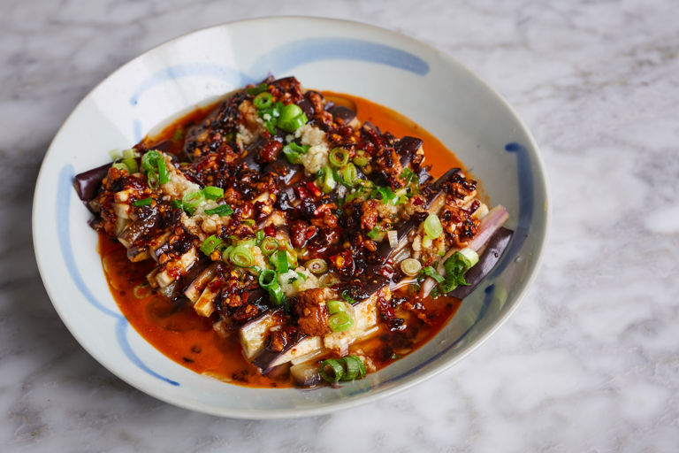 Steamed aubergine in a chilli and sesame dressing