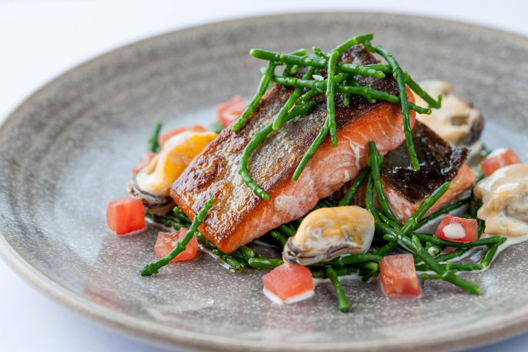 Alaska salmon with samphire and mussels