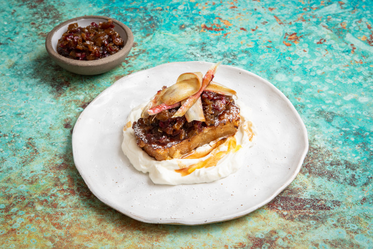 Sourdough brioche French toast with rhubarb and labneh