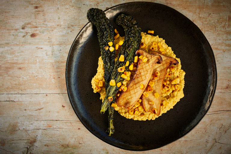 Sweetcorn millet, king oyster mushrooms and crispy cavolo nero