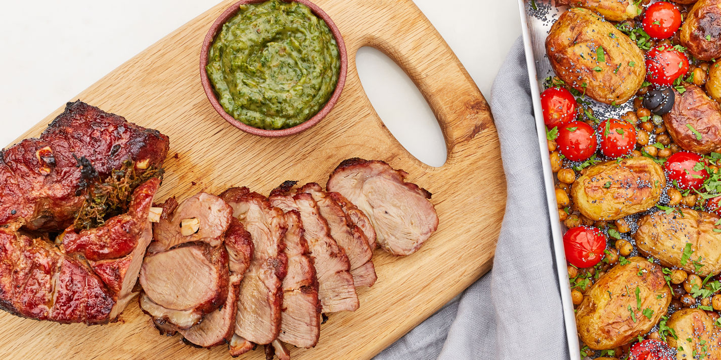 Rotisserie Harissa Lamb Leg with Mint and Date Sauce Recipe Great British Chefs