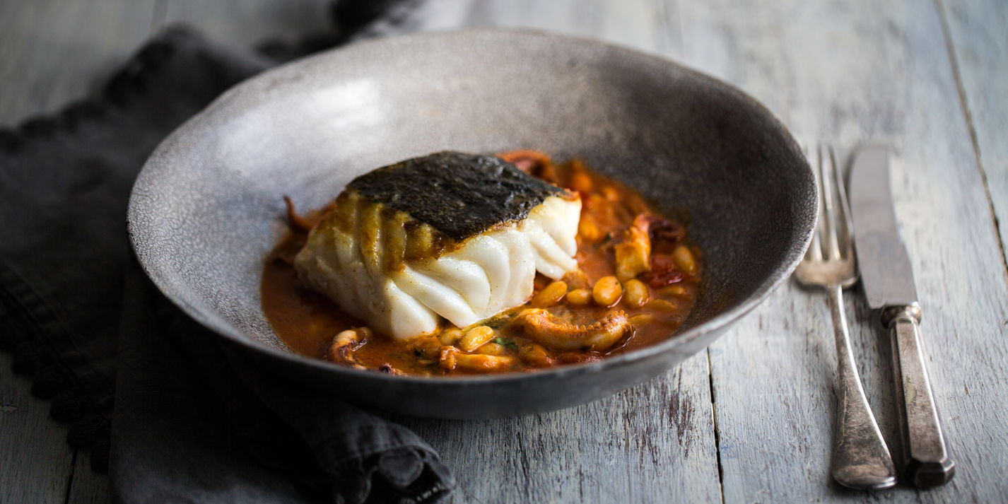 Braised Squid with Skrei Cod Loin Recipe - Great British Chefs