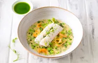 Baked hake with summer vegetables and dill oil