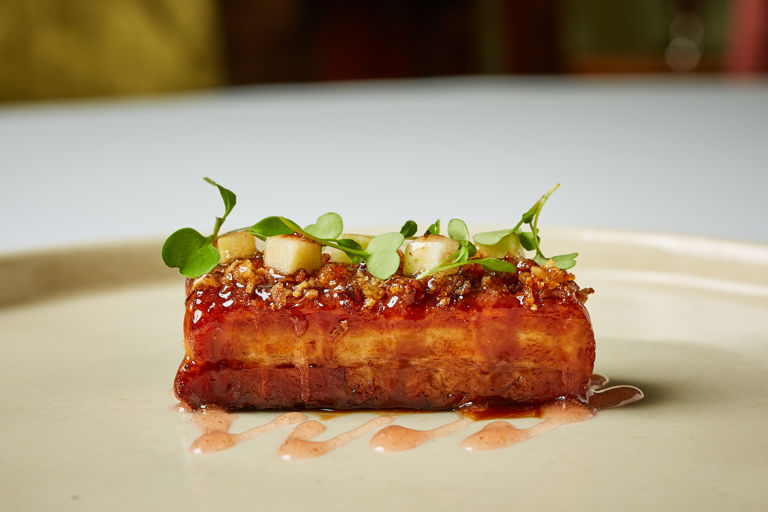 Sous vide pork belly with Sichuan pepper and crab apple ketchup