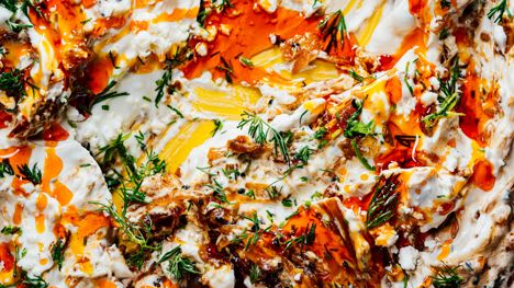 Caramelised shallot and feta-labneh dip