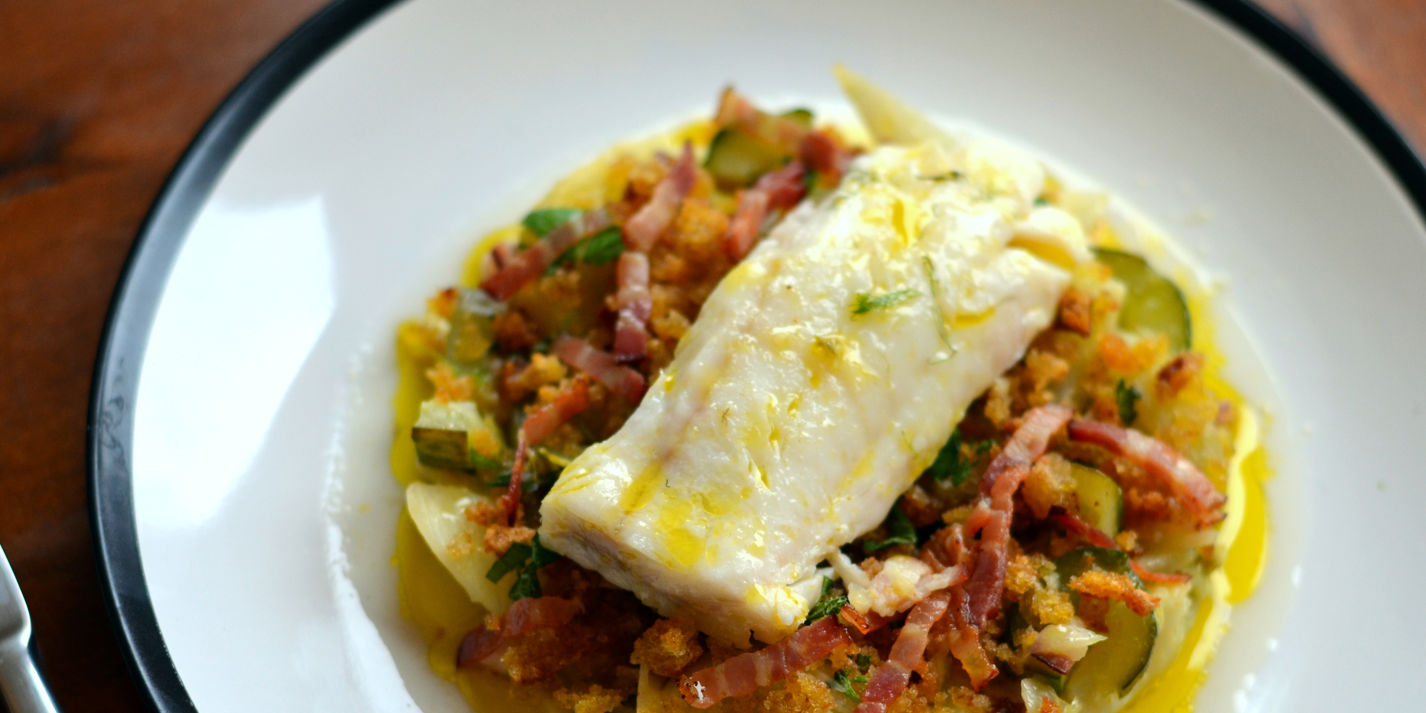 Jersey Royal potato salad with celery, fennel and pancetta