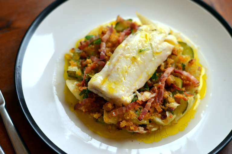 Braised fennel and cucumber with sourdough crumbs, smoked pancetta and baked cod loin
