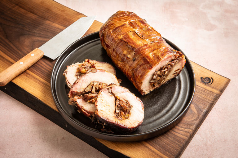 Bacon-Wrapped Festive Stuffed Pork Loin