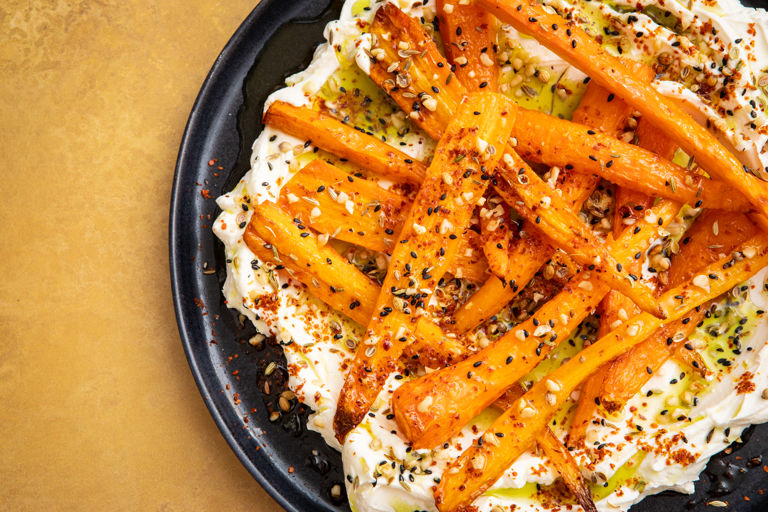 Roasted carrots with labneh, dukkah and mixed herb oil